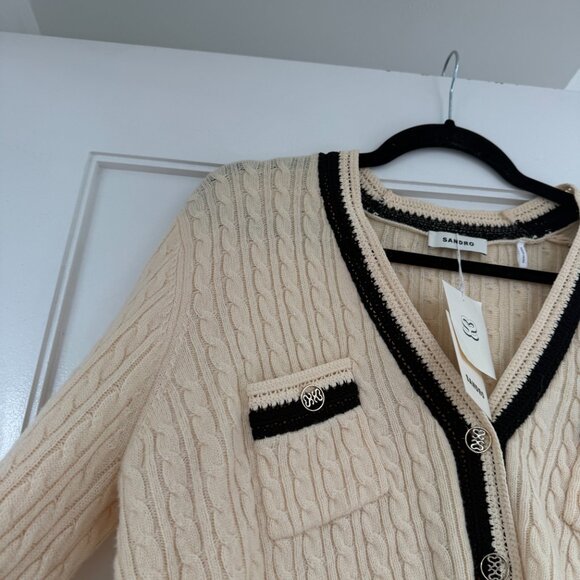 NWT Sandro Mercredi Cardigan Sweater Ecru Cable Knit V-Neck Wool Blend Contrast - Picture 8 of 10